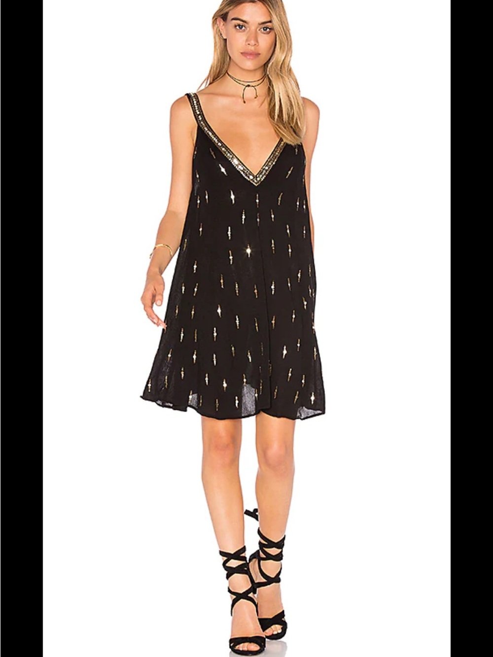 Free People Black Mini Dress with Gold Metallic Detailing